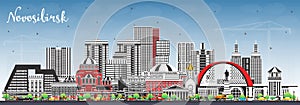 Novosibirsk Russia city skyline with color buildings and blue sky. Novosibirsk cityscape with landmarks. Business travel and