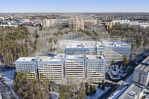 Aerial view of the new dormitories of Novosibirsk State University and other buildings in photo