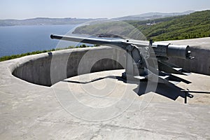 Novosiltsevskaya coast battery in Vladivostok fortress. Russian island. Russia