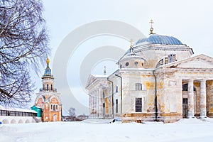 Novotorzhsky Borisoglebsky Monastery near Tvertsa river in Torzhok, Russia. Russian winter landscape