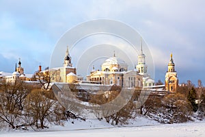 Novotorzhsky Borisoglebsky Monastery in Torzhok, Russia. Russian winter landscape