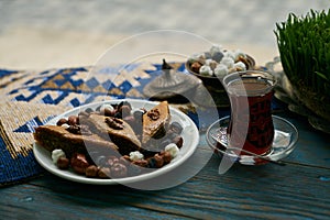 Novruz tray plate with Azerbaijan national pastry pakhlava