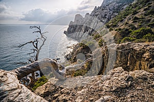 Novyi Svit, Crimea, the view from Golitsyn Path. Beautiful views of the mountains and rocky coast of the black sea