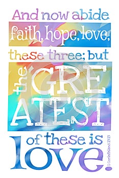 And now abide faith, hope, love, these three; but the greatest of these is love. 1 Corinthians 13:13 - Poster with Bible text