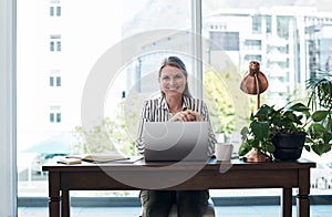 Now clap your hands if you got a bank roll. Mature businesswoman using her laptop in a modern office.