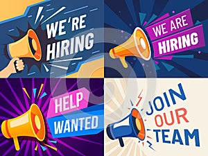 Now hiring banner. We are hiring, join our team and vacancy announcement flyer template vector set