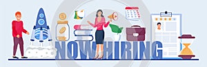 Now hiring, great gob vector illustration. Coins, money, resume are shown. Startup, gob interview online concept with