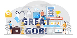 Now hiring, great gob vector illustration. Startup, gob interview online concept with tiny people, big letters photo