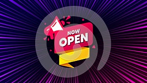 Now open banner. Announcement notice tag. Sunburst ray beam banner. Vector