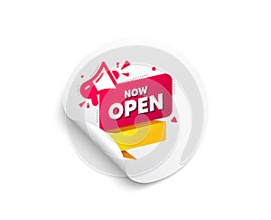 Now open banner. Announcement notice tag. Vector