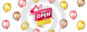 Now open banner. Announcement notice tag. Vector