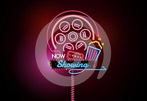 Now open glowing neon and bulb sign cinema movie theater vector