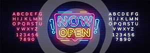 Now Open neon signs vector. Now Open Design template neon sign, light banner, neon signboard, nightly bright advertising