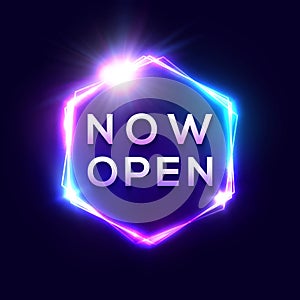 Now Open neon text. Light sign on blue background.