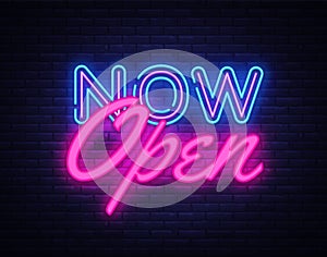 Now Open neon text vector design template. Now Open neon logo, light banner design element colorful modern design trend