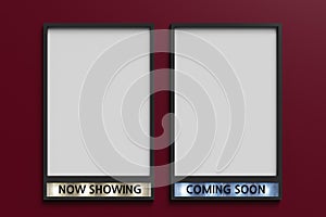 Now showing and Coming soon movie poster mockup on red wall, 3d photo