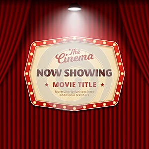 Now showing movie in cinema poster design. retro theater sign with spotlight and red curtain background vector illustration photo