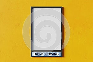 Now showing movie poster mockup on Yellow wall, 3d