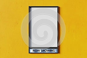 Now showing movie poster mockup on Yellow wall, 3d photo