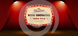 Now Showing retro classic sign board background design. red theater stage curtain backdrop with wooden floor base and double