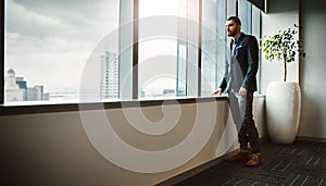 Now to raise the game a little higher. a young businessman looking thoughtfully out of an office window.