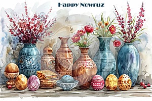 Nowruz background with eggs, flowers and vases. Watercolor illustration