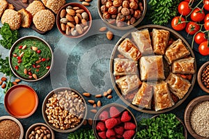 Nowruz celebration table featuring Arabic desserts, nuts, and greenery on a blue background