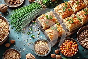 Nowruz celebration table featuring Arabic desserts, nuts, and greenery on a blue background