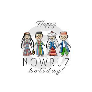 Nowruz greeting card with happy people. Iranian new year. photo