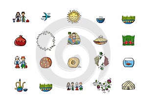 Nowruz, holiday of arrival of spring. Holiday symbols, people, food, customs and traditions. Icons set for your design photo