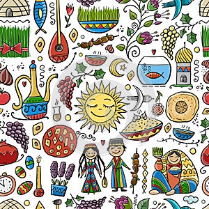 Nowruz, holiday of arrival of spring. Holiday symbols, people, food, customs and traditions. Seamless Pattern for your photo
