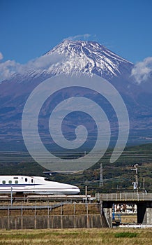 Noze of the Shinkansen with Mt Fuji in background