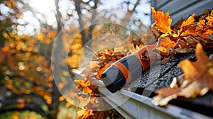 The nozzle of a cordless leaf blower is aimed towards a clogged gutter effectively clearing away leaves and debris to photo