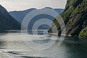 Panoramic view of the Geiranger fjord near the port of Geiranger, Norway. Nature of Norway. View from the Cruise Ship on the fjor photo