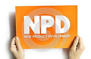 NPD New Product Development - complete process of bringing a new product to market, acronym concept on card