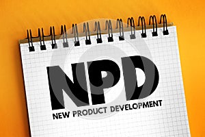 NPD New Product Development - complete process of bringing a new product to market, acronym concept on notepad