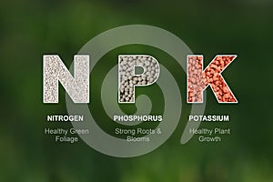 NPK letters made of mineral fertilisers on the blurred natural background.