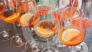 Nprocess of preparation of a cocktail Aperol spritz close-up.