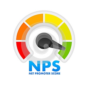 NPS Level Meter, measuring scale. Net promoter score Level speedometer indicator. Vector stock illustration