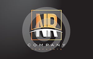 NR N R Golden Letter Logo Design with Gold Square and Swoosh.