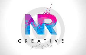 NR N R Letter Logo with Shattered Broken Blue Pink Texture Design Vector.