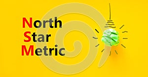 NSM north star metric symbol. Concept words NSM north star metric on yellow paper on a beautiful yellow background. Green light