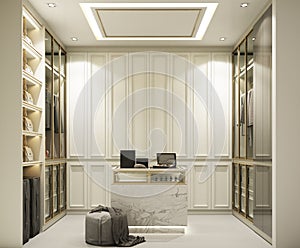 Nterior classic style of walk in closet white marble floor tile and gray stool fabric with decorate ceiling