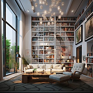 nterior of modern living room with bookshelves.