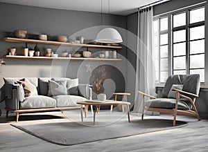 nterior of modern living room with gray walls, wooden floor, brown sofa and bookshelves.