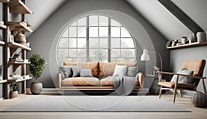 nterior of modern living room with gray walls, wooden floor, brown sofa and bookshelves. photo