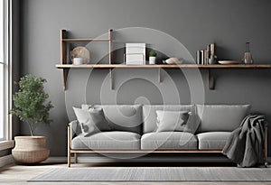 nterior of modern living room with gray walls, wooden floor, brown sofa and bookshelves. photo