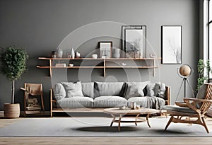 nterior of modern living room with gray walls, wooden floor, brown sofa and bookshelves. photo