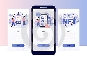 NTF. Non-fungible token. Tiny people investing in Crypto art, game, video. Online gallery nft art. Blockchain technology