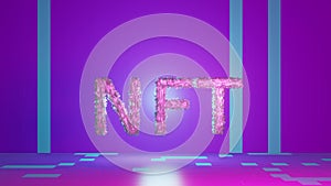 NTF text animation of vivid tech violet background. Non-refundable token. 3d render. Crypto art place for selling